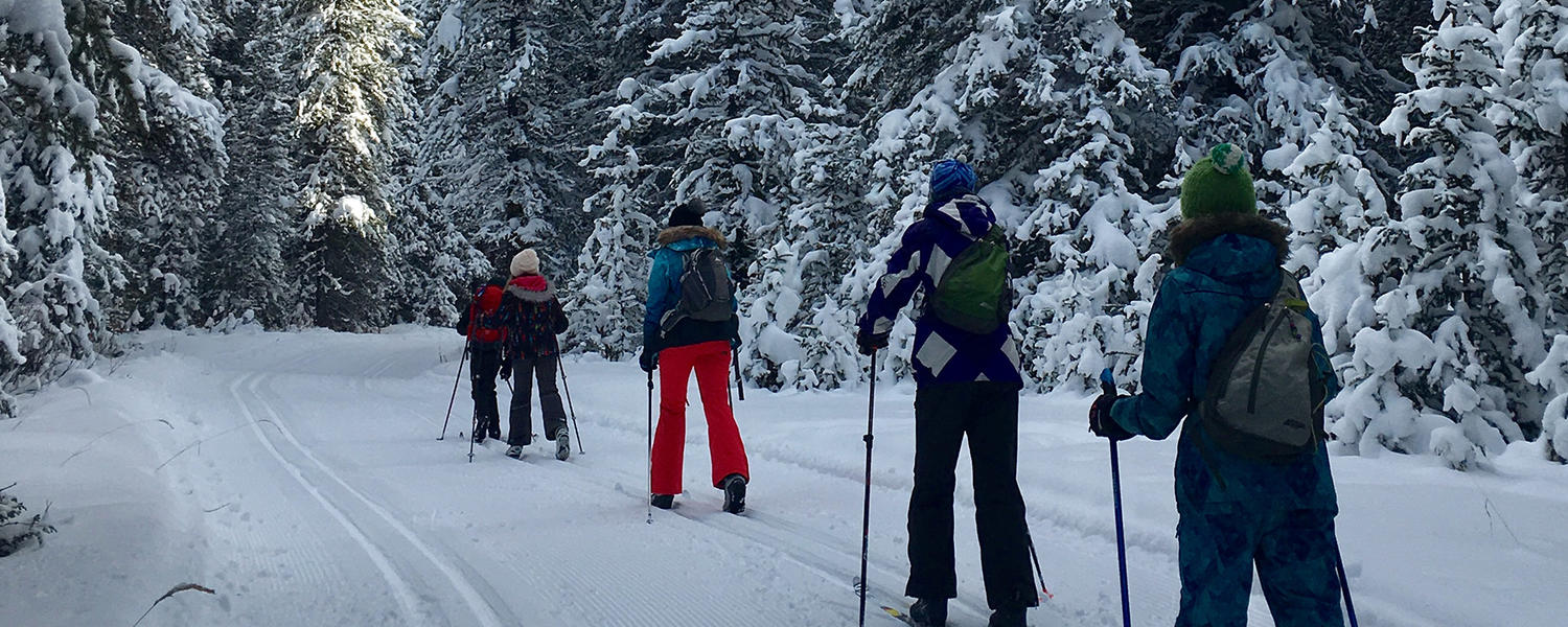Kids group learning to cross-country ski with UCalgary outdoor centre
