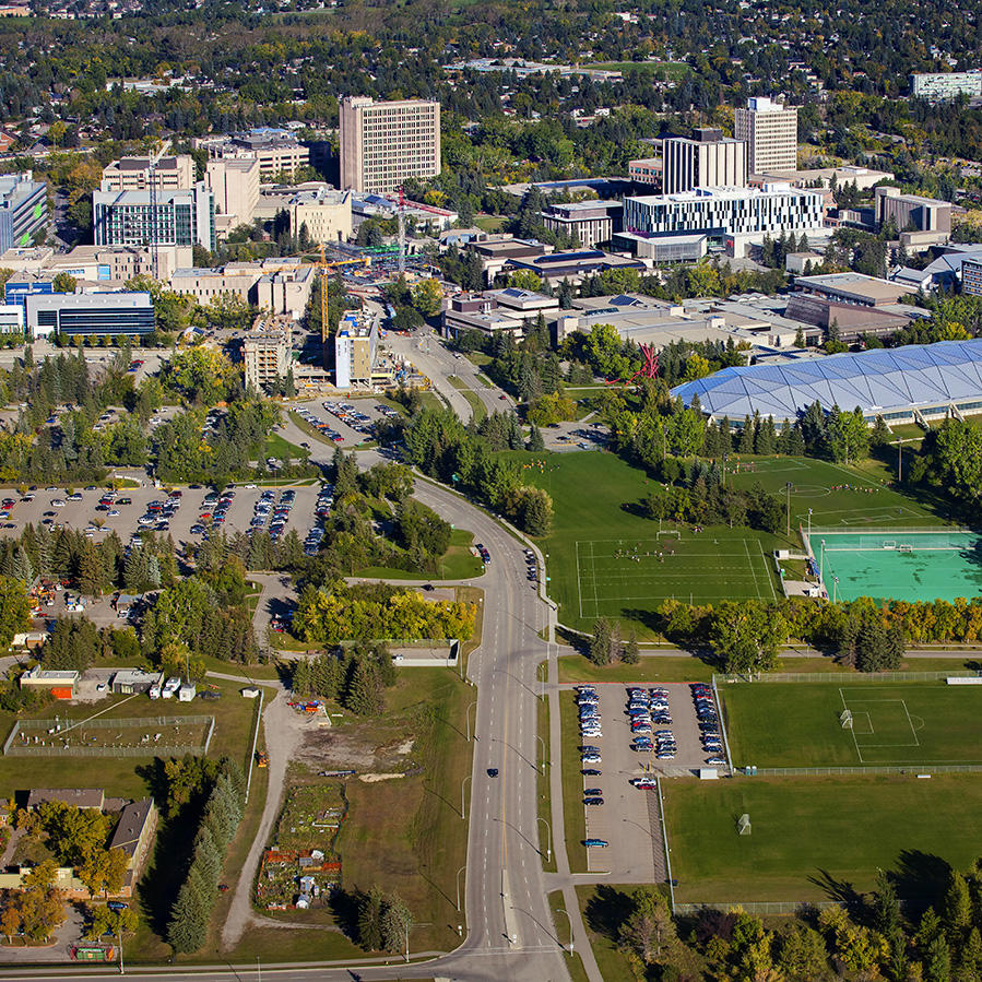 Aerial shot of University of Calgary campus and sport fields