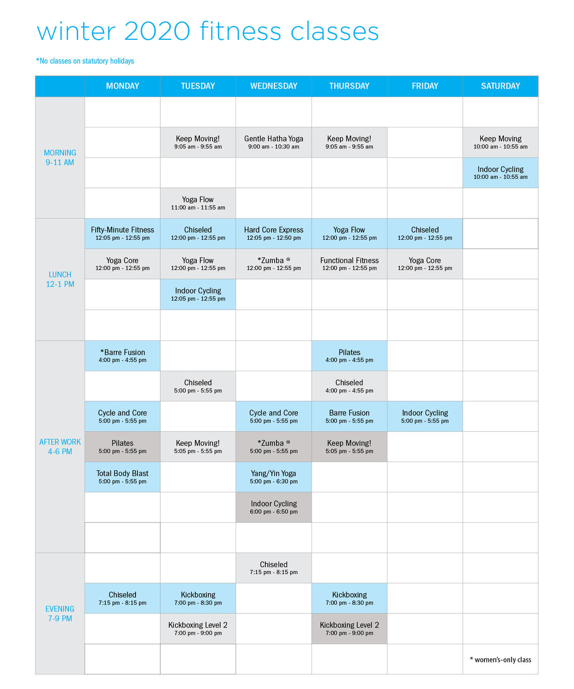 University of Calgary Winter 2020 fitness grid